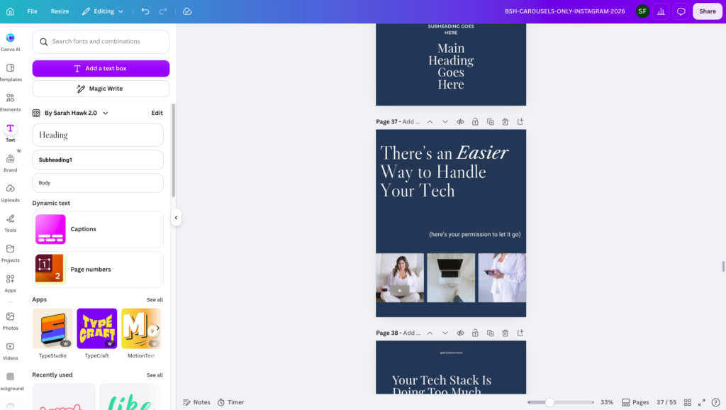 Sarah Hawk's Canva workspace designing social media graphics