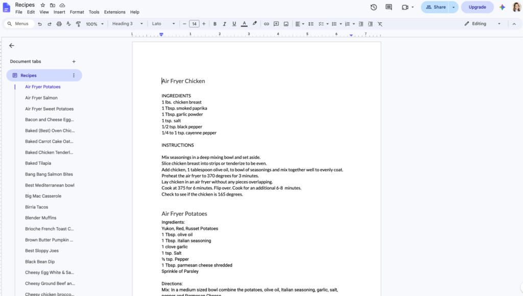 Google doc screenshot of my recipes database