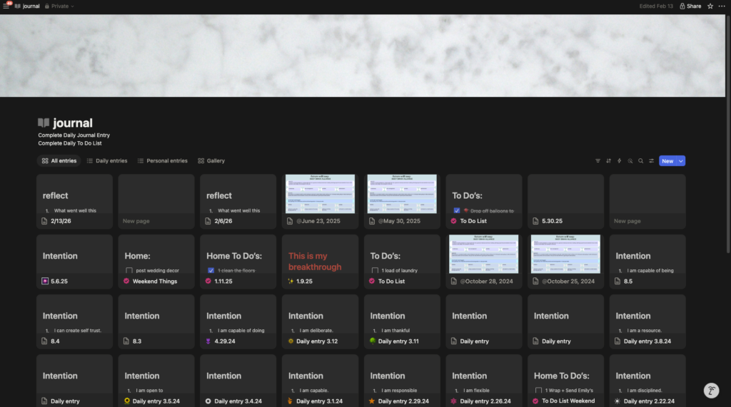Notion dashboard of my journal entries