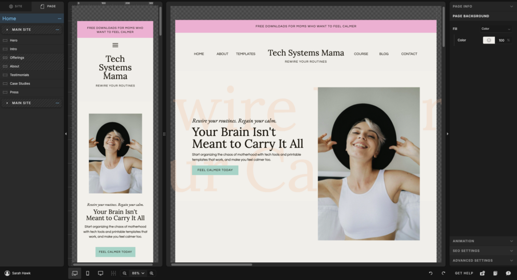 Inside Sarah Hawk's Showit platform building a website