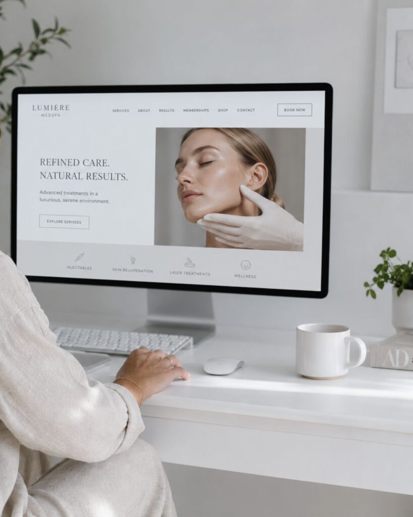 female web designer working on modern website at computer desk